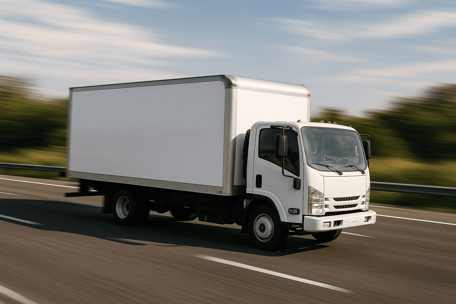 White delivery truck driving on highway