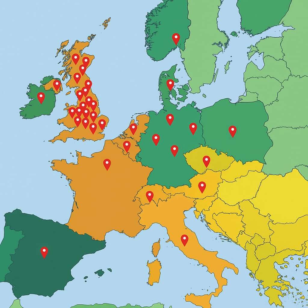 Map of Europe with red location markers highlighting distribution