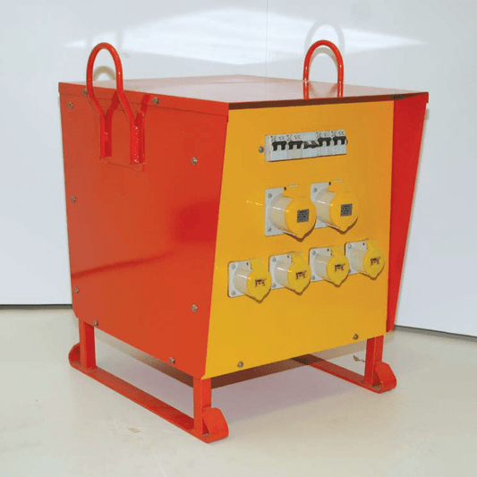 Red and yellow Site Master Transformer with multiple sockets, circuit breakers, top lifting eyes and a flat-pack base frame